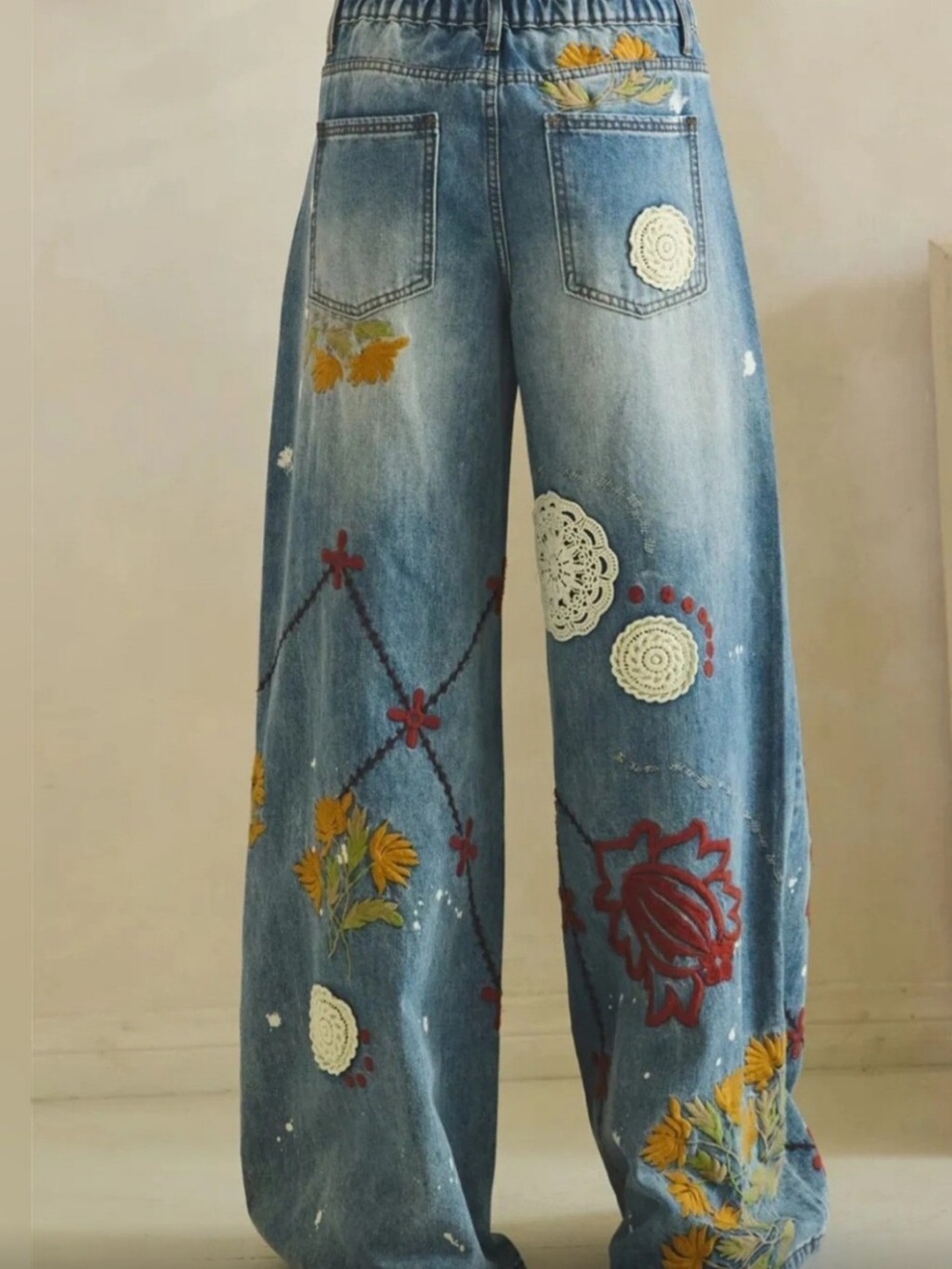 OLI & HALI Blue Wide-Leg Embroidered Patchwork Jeans Brand NEW sz XL - Picture 10 of 10